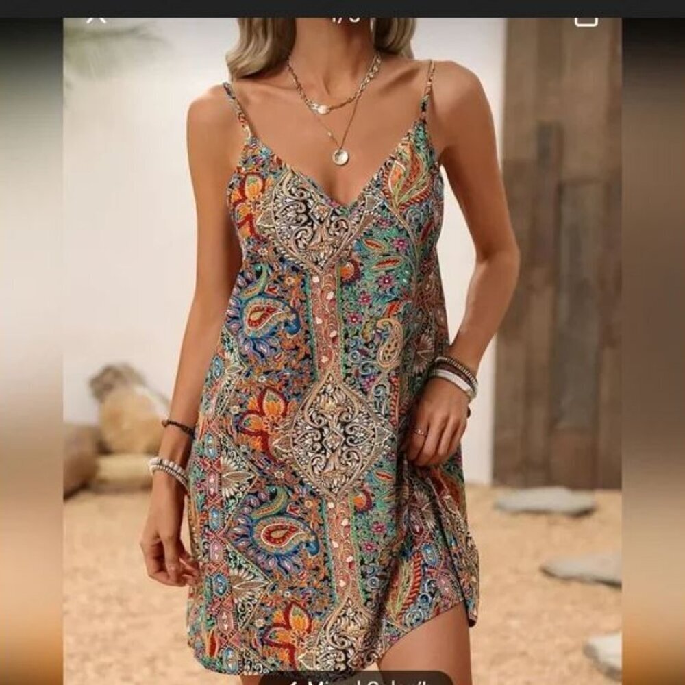 🥑2/100🥑NWT Colorful Summer Vacation Dress Spaghetti Straps Mini Dress V-neck